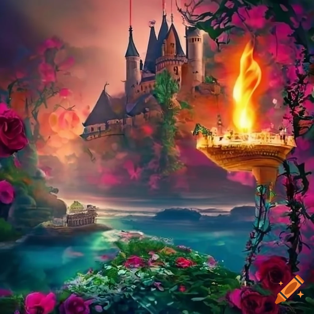 Fantasy world, castle, floral, flowers, roses, vines, water, hanging