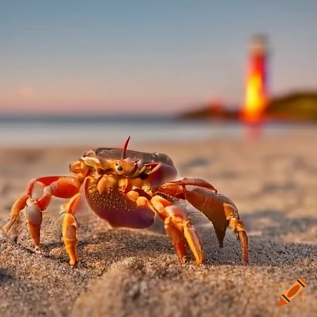 a hermit crab on sand near the shoreline with a soft focus red and white lighthouse in the background