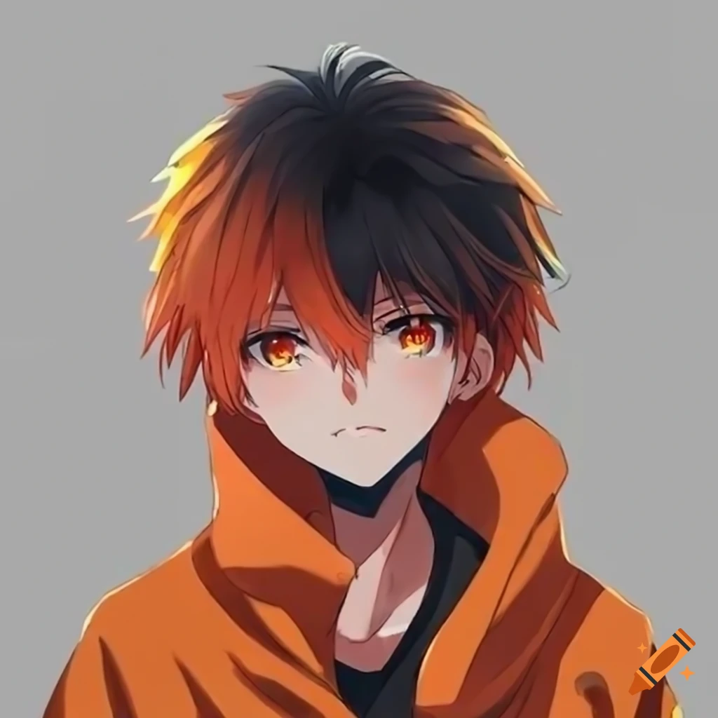 Black and orange hair anime boy with orange sweatshirt icon