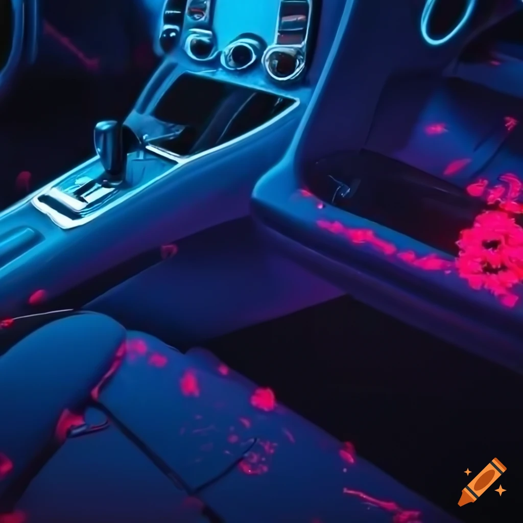 Neonlit car interior with flower petal on the floorboard