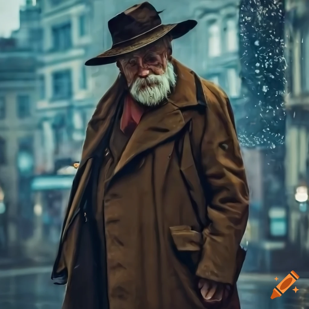 Smiling old man with a long white beard wearing a coat and a hat, a rainy  city street in the background, style of hopper, high resolution, high  detail on Craiyon