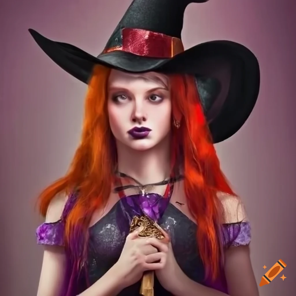 Young witch with red hair and a black hat and dress with link ribbons