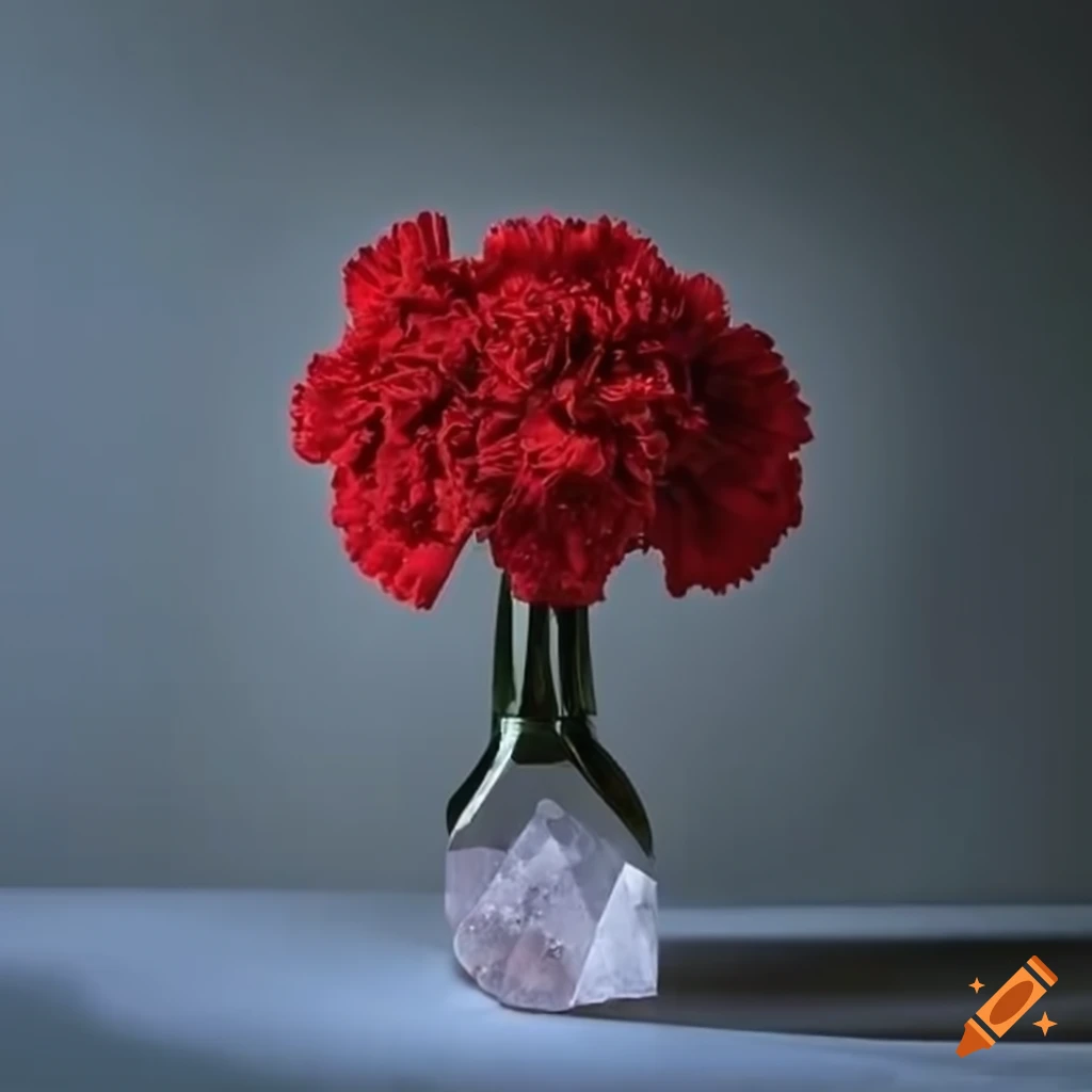 Artistic arrangement of red carnations, crystal quartz, and herbs