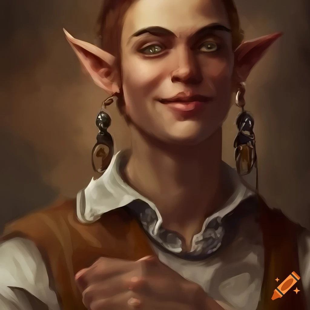 Portrait of a male halfelf smiling bartender in a tavern wearing