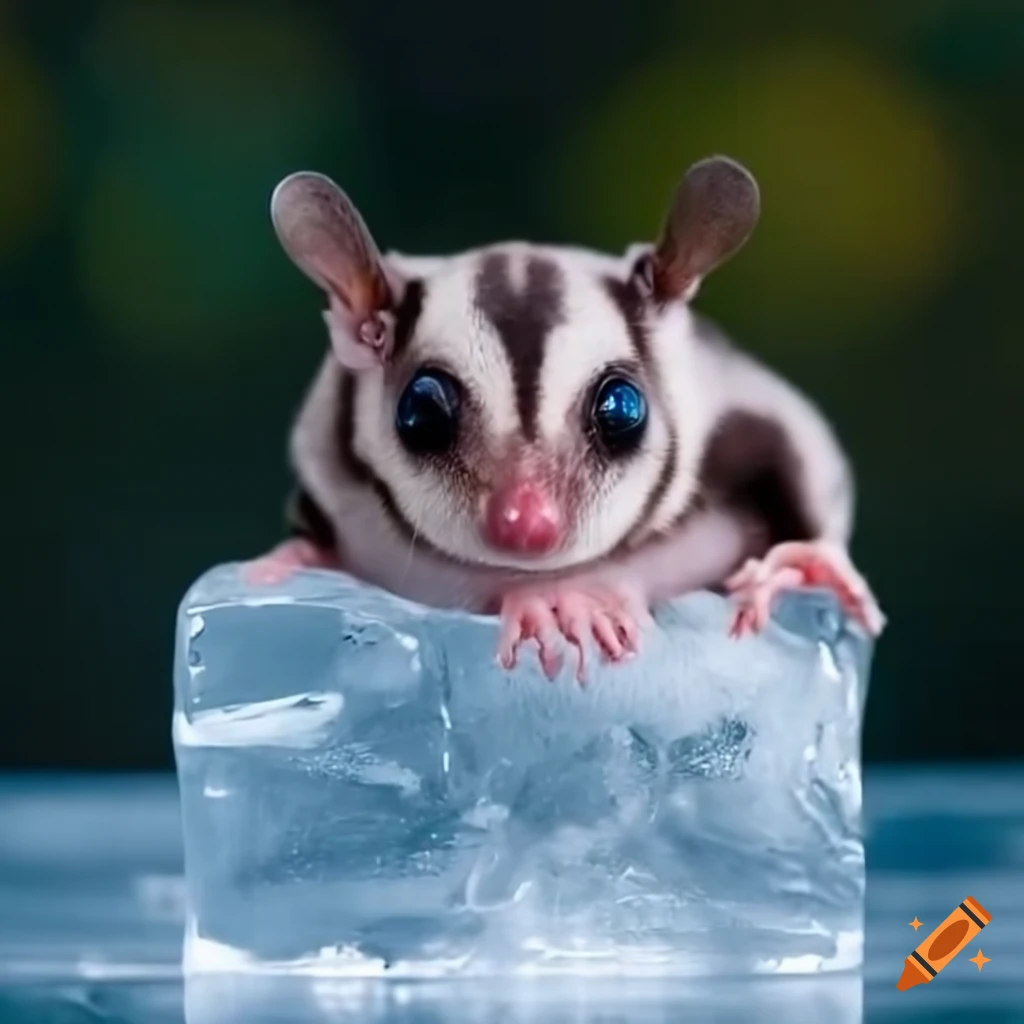 Sugar glider sitting on an ice cube