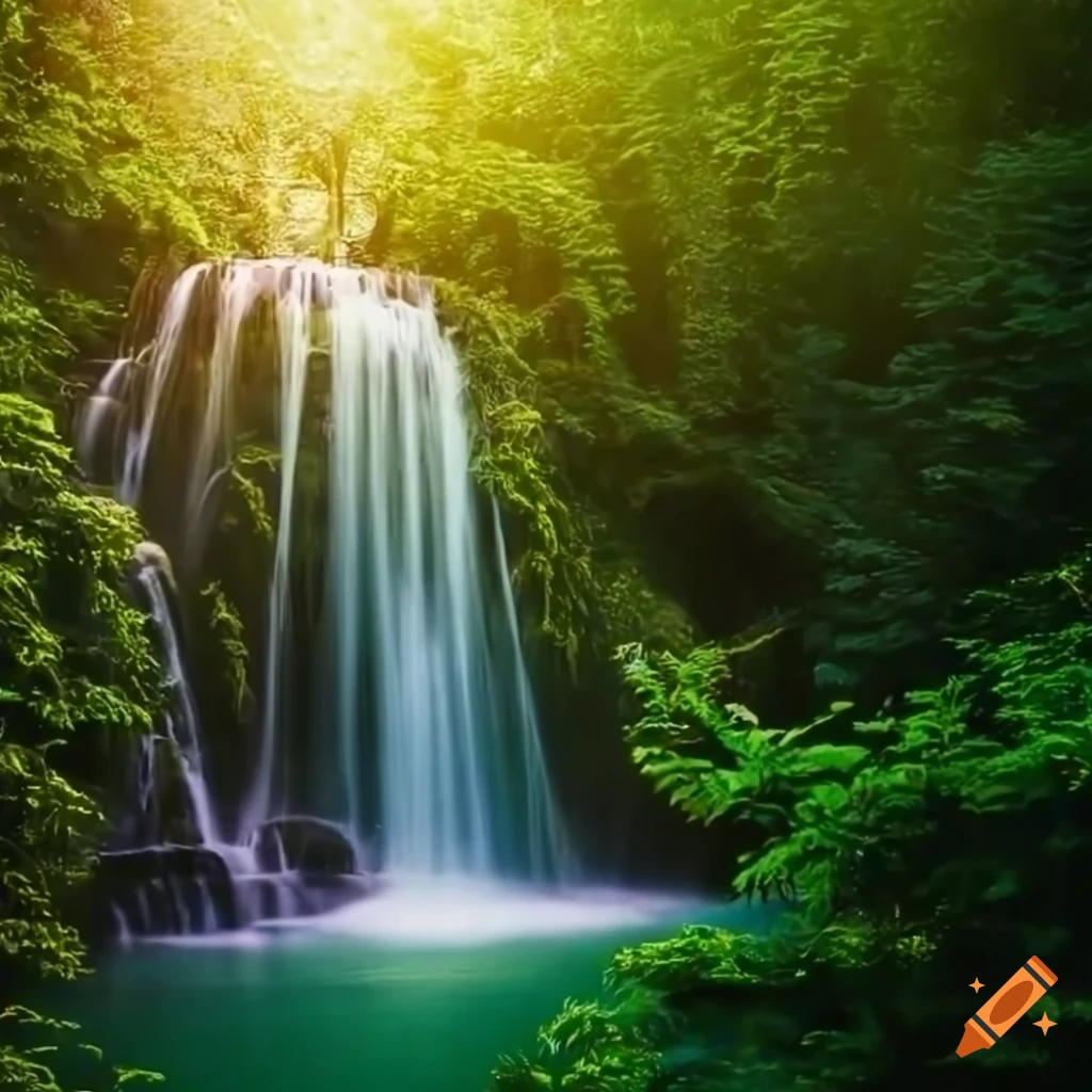 Imagine a serene waterfall nestled amidst a lush green forest. the ...