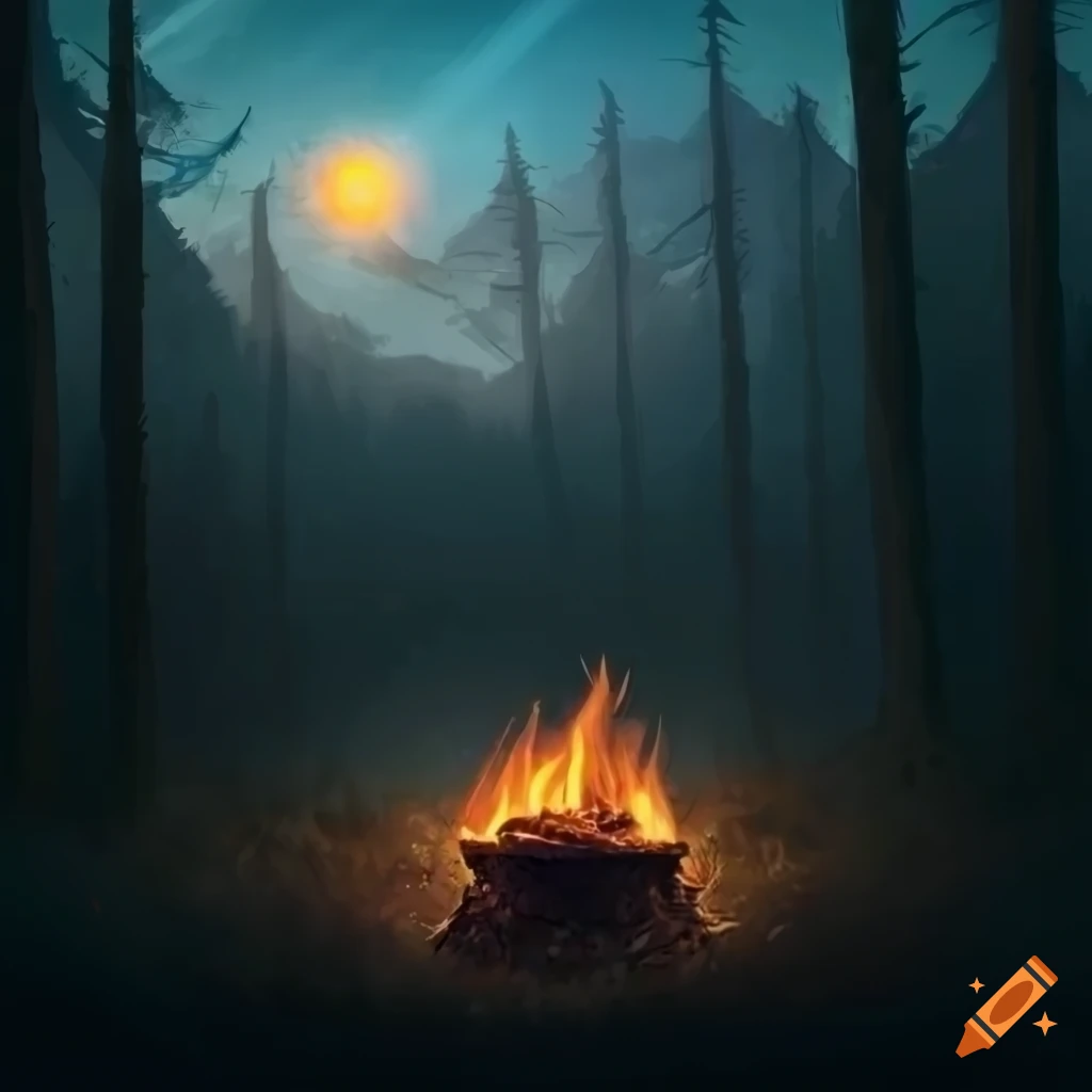 Realistic fantasy landscape concept art of a campfire in a dark forest ...