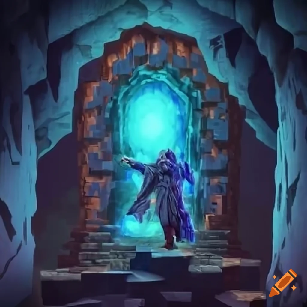An old magician running into a vibrantly glowing portal that s deep