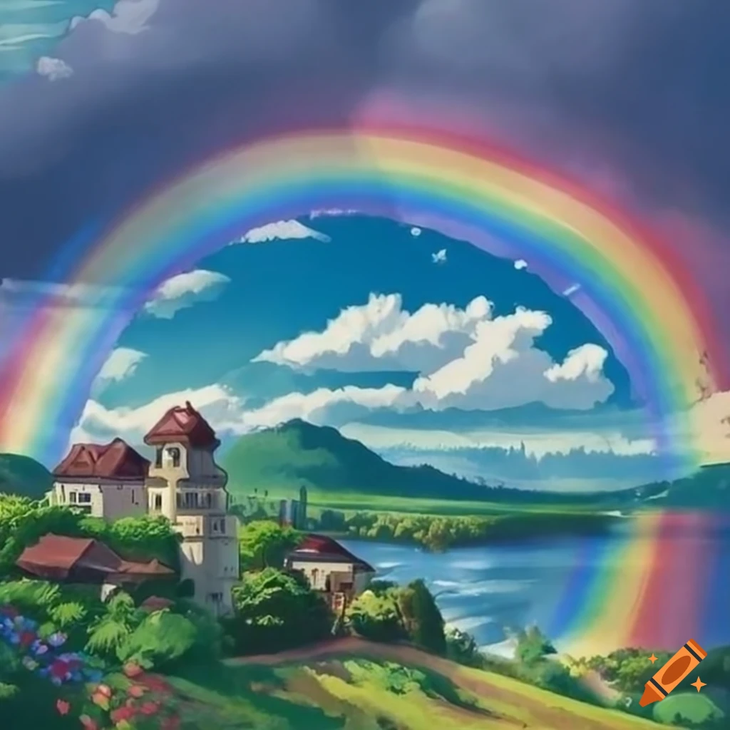 A beautiful landscape with a magical rainbow, rainbow, studio ghibli