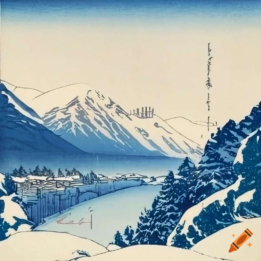 Image of swiss alps in winter, japanese woodblock, art print 