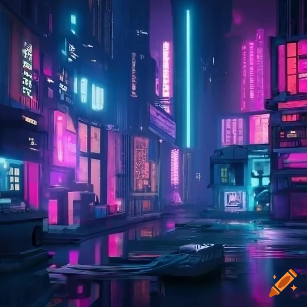 A realistic cyberpunk sci fi city that is very neon at night on Craiyon