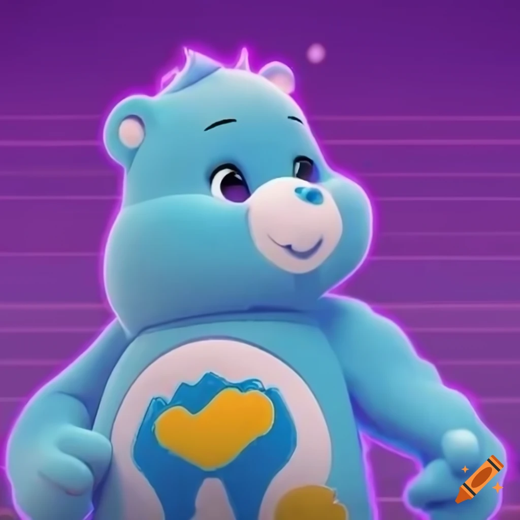 Blue care bear posing for a pfp with a synthwave astatic