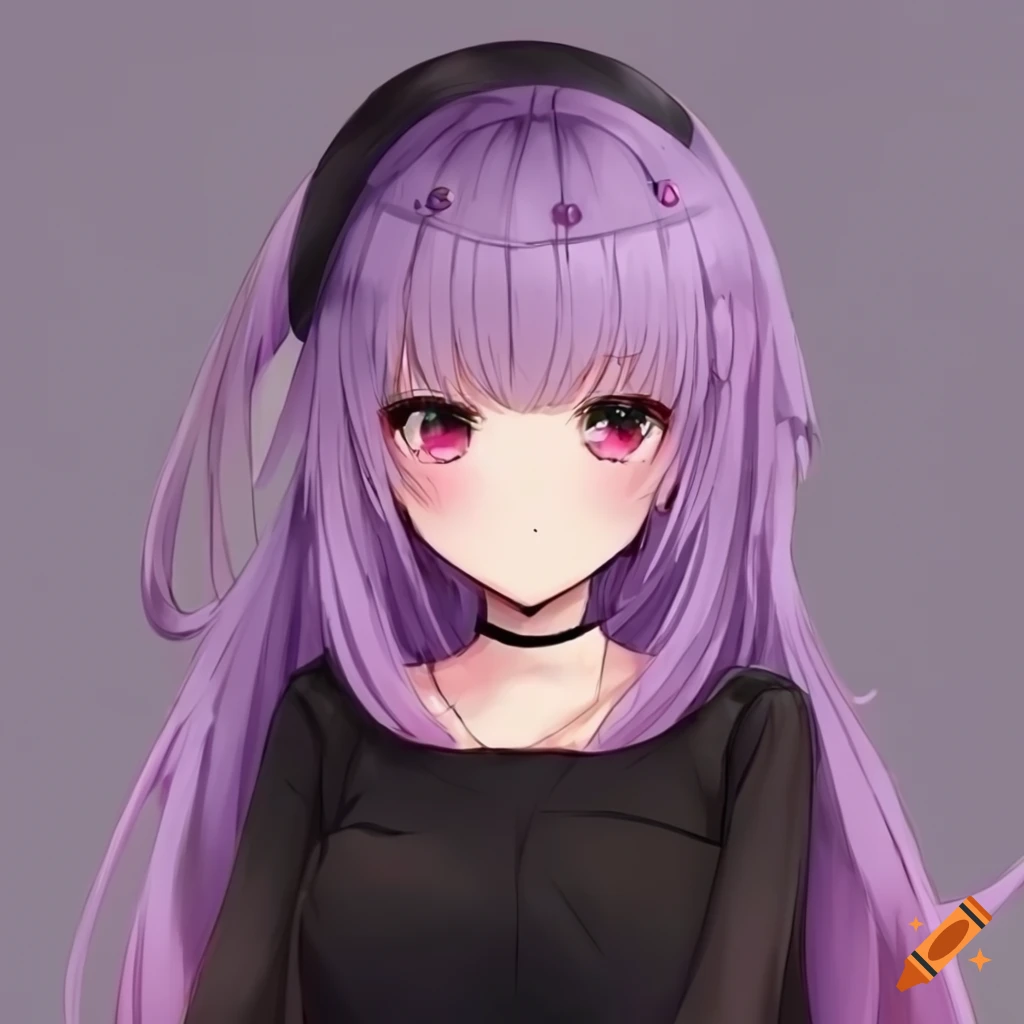 Anime girl in black dress with pink eyes and long lavender hair with ...
