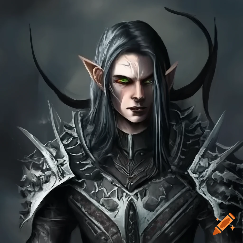 Male undead elf with long black hair in black armor wielding a black bow