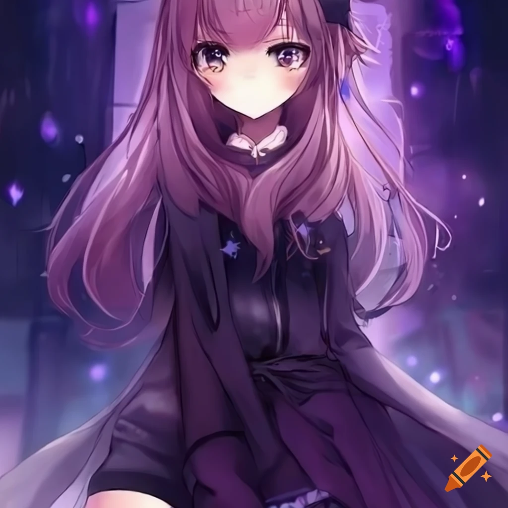 Cute anime girl with long messy black hair and blue-purple eyes on Craiyon
