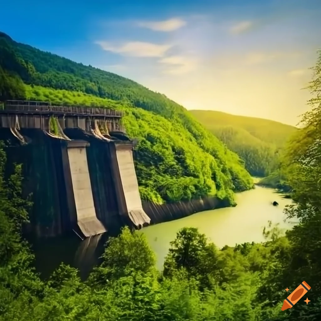 A hydroelectric power station and dam in lush countryside