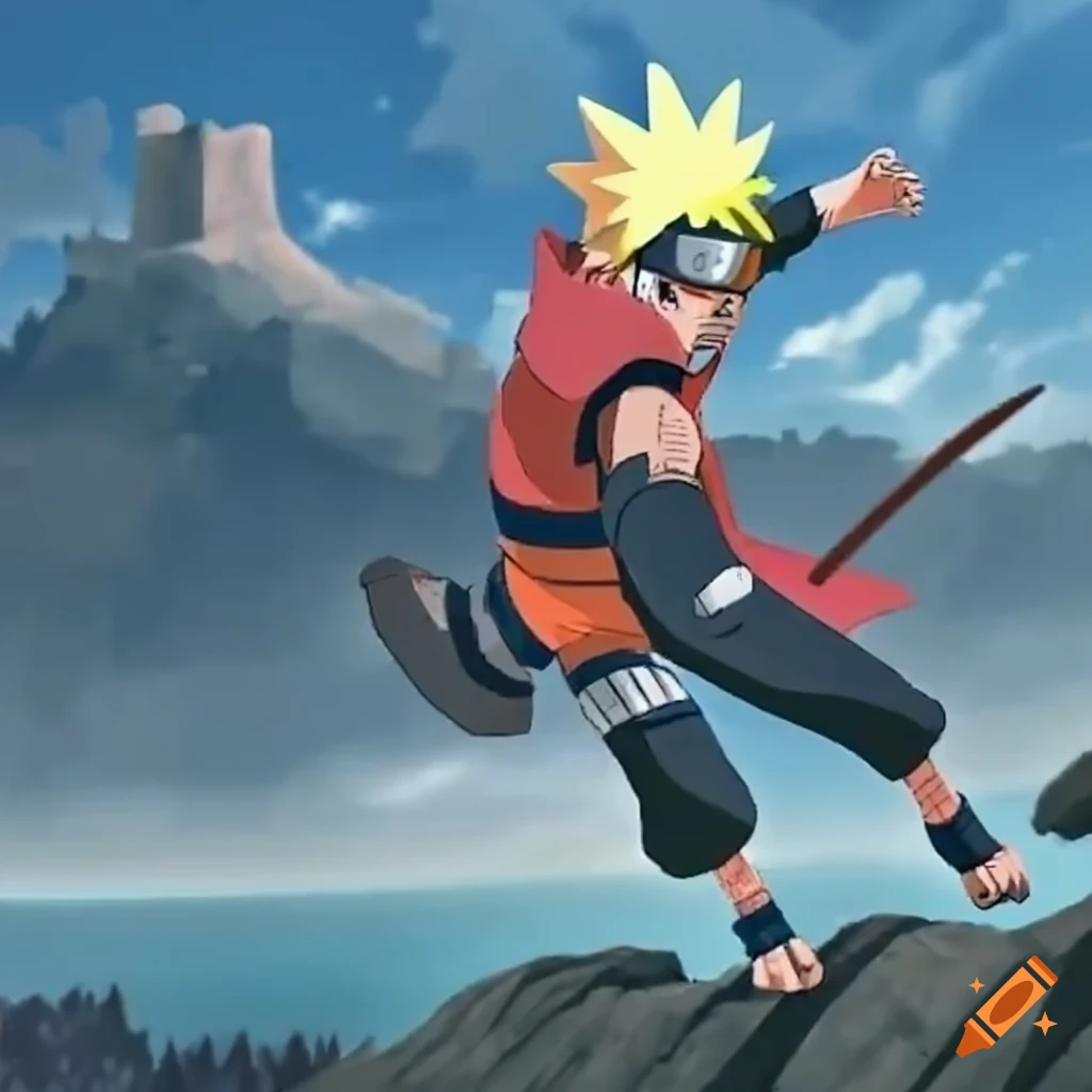 Video game naruto character overlooks a battlefield from atop a cliff