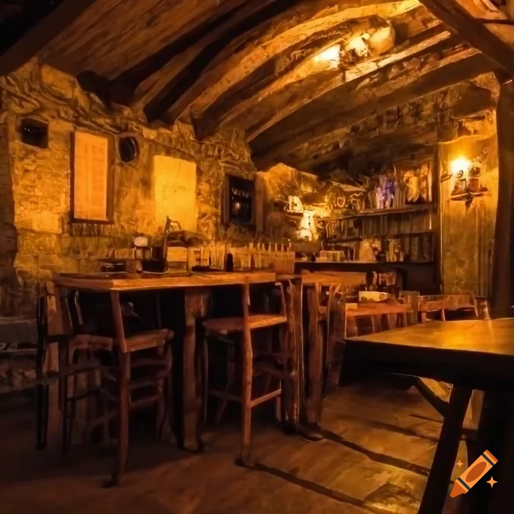 A large warmly lit medieval tavern/bar with food on the tables and a fireplace