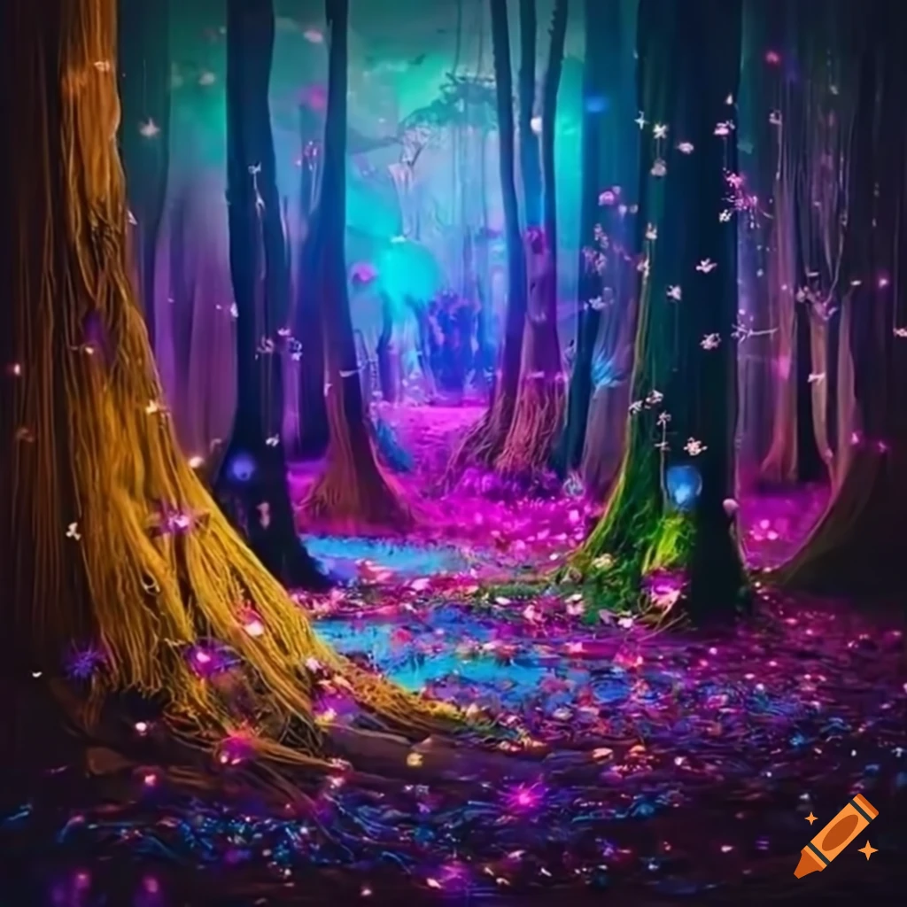 Create the photo of an enchanted colorful enchanted forest in which tiny  lights dance on Craiyon