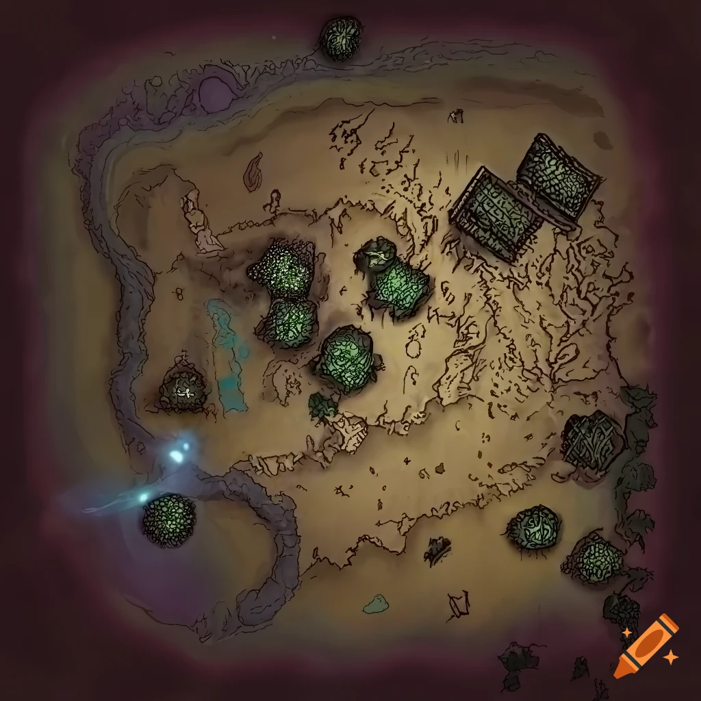Draw a top-down fantasy map suitable for wargaming, of the