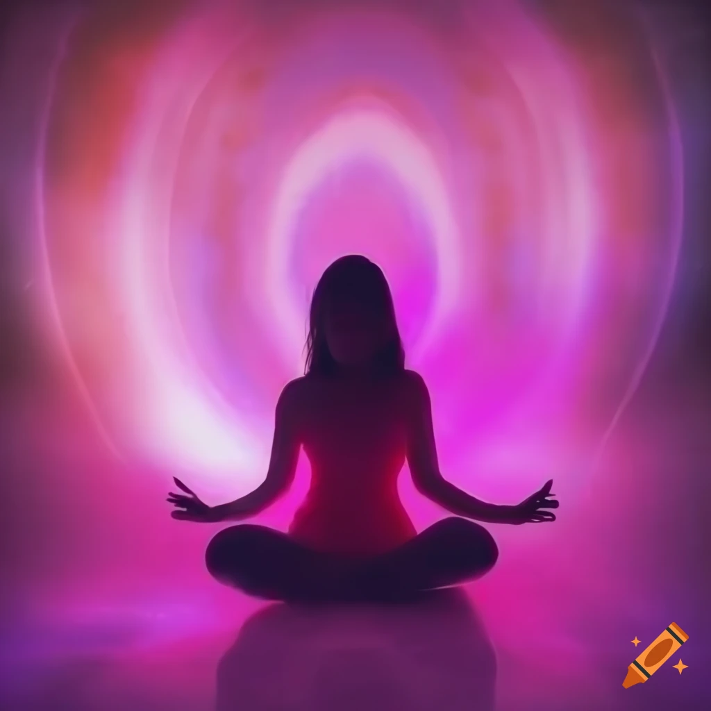 A woman meditating in a subtile pink aura around her. she looks happy