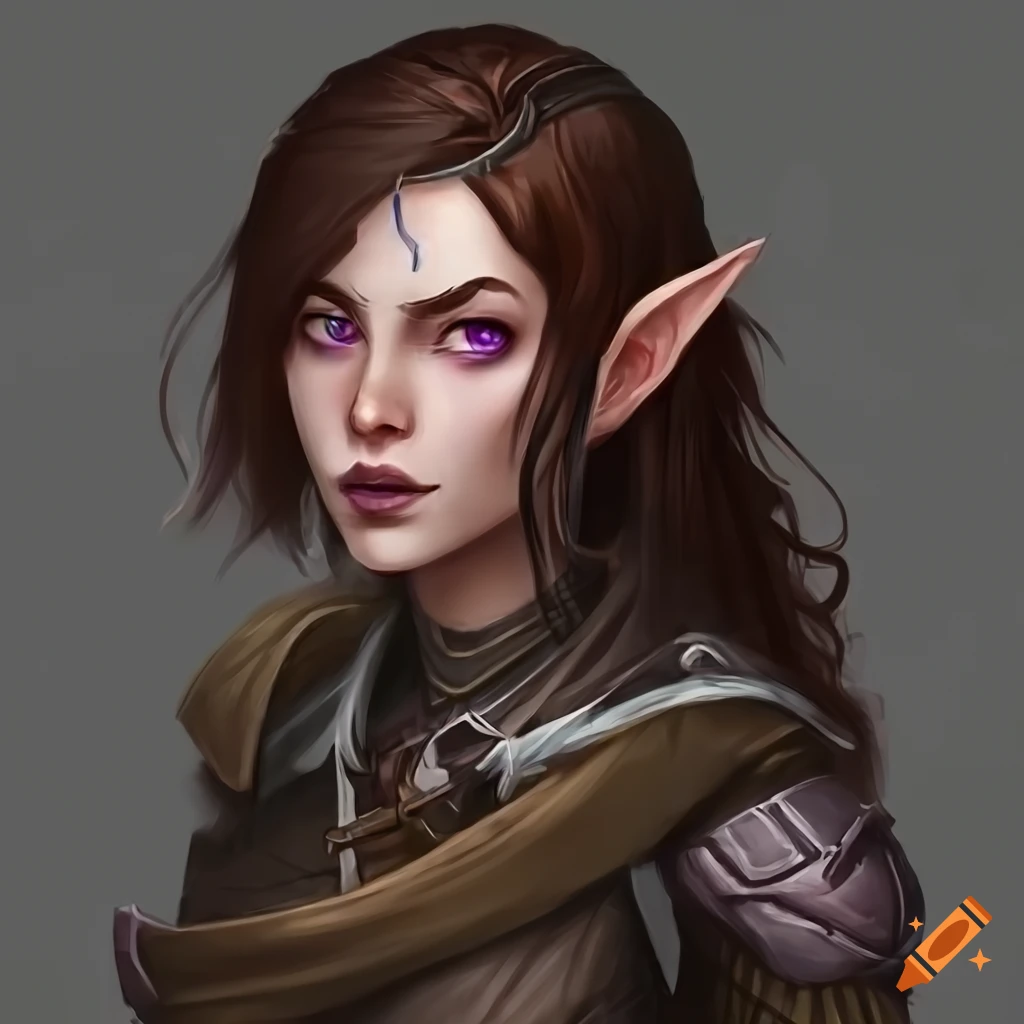 Female half elf rogue, dark brown hair, purple eyes, portrait, 4k, high ...
