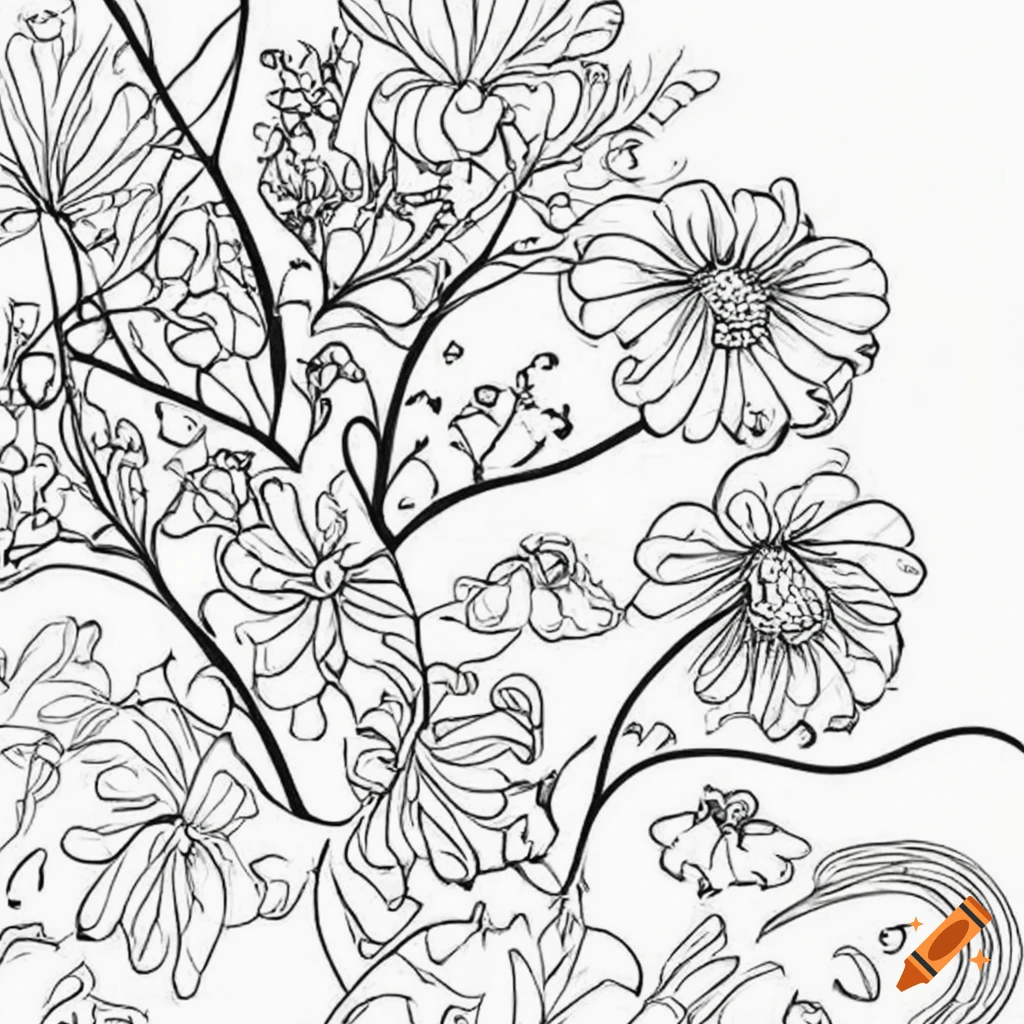 Раскраска цветы анти стресс, черно-белый линейный рисунок, линейное  искусство, вектор, книжка-раскраска on Craiyon