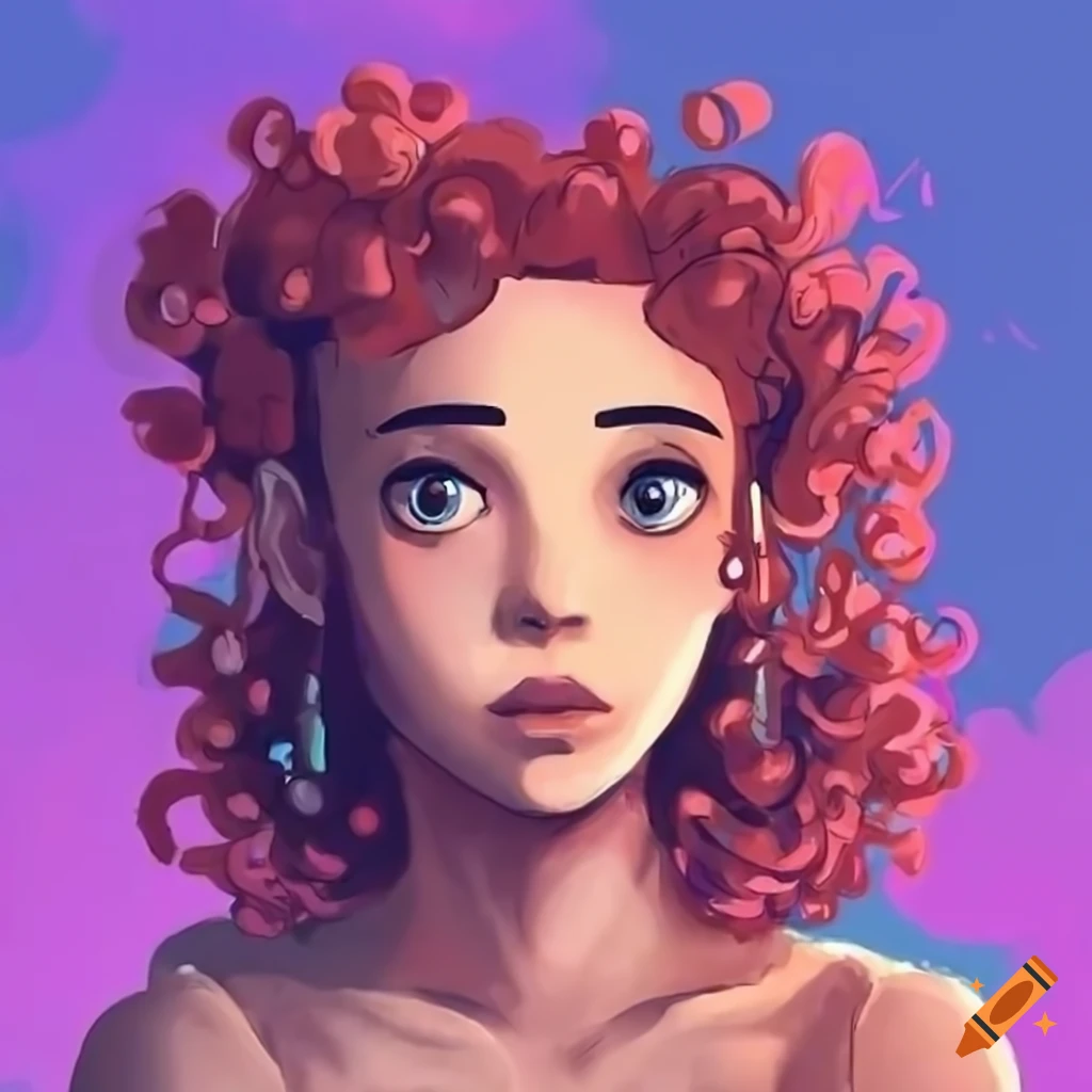 A girl with curly hair, in the style of ghibli