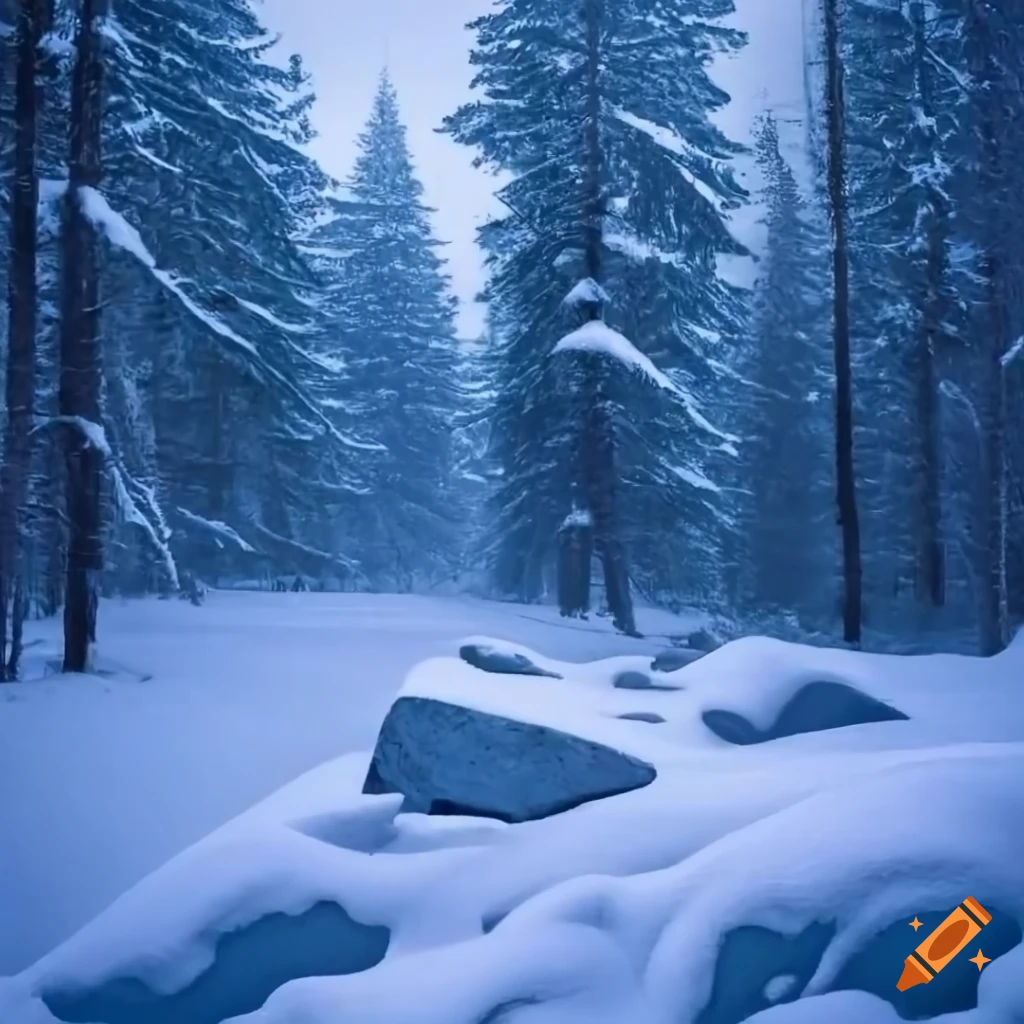 A high forest, dotted with snow and rocks