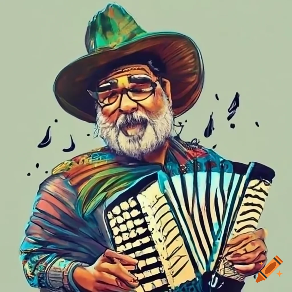 Celso Piña con su acordeón en un escenario on Craiyon