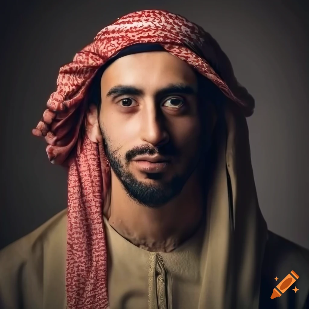 Portrait of a contemporary arabian man with tradditional clothes on black background and rembrandt light