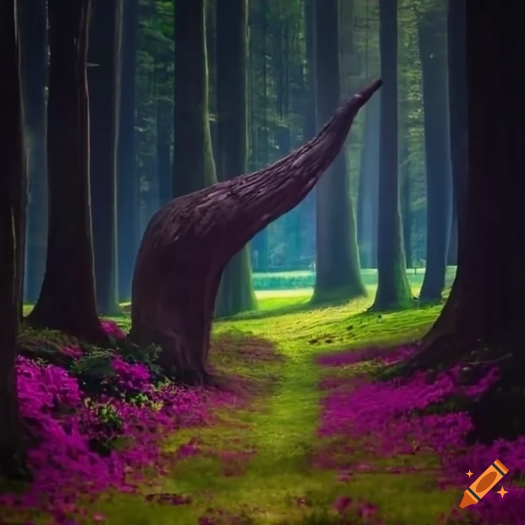 A magical forest full of flowers and huge trees, and little light on ...