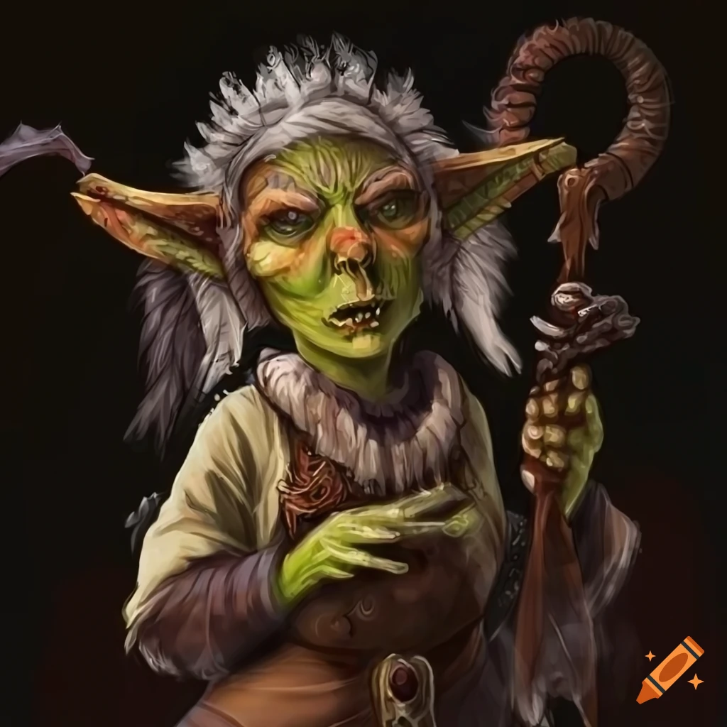 An elderly female goblin shaman wearing feathers and holding a staff ...