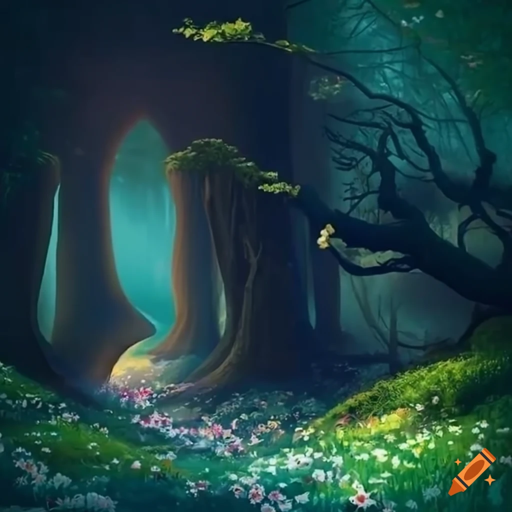 A magical forest with a lot of flowers and large trees, and little light