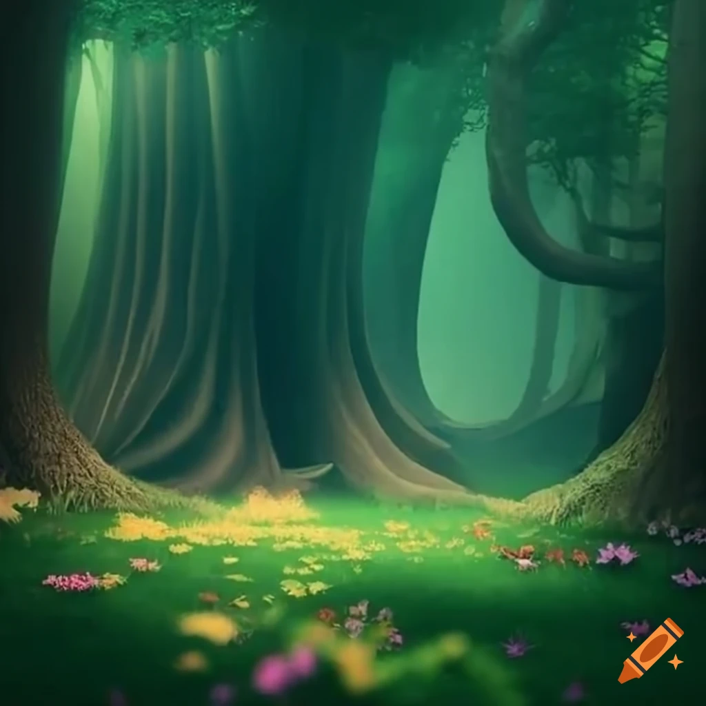 A magical forest with a lot of flowers and large trees, and little ...