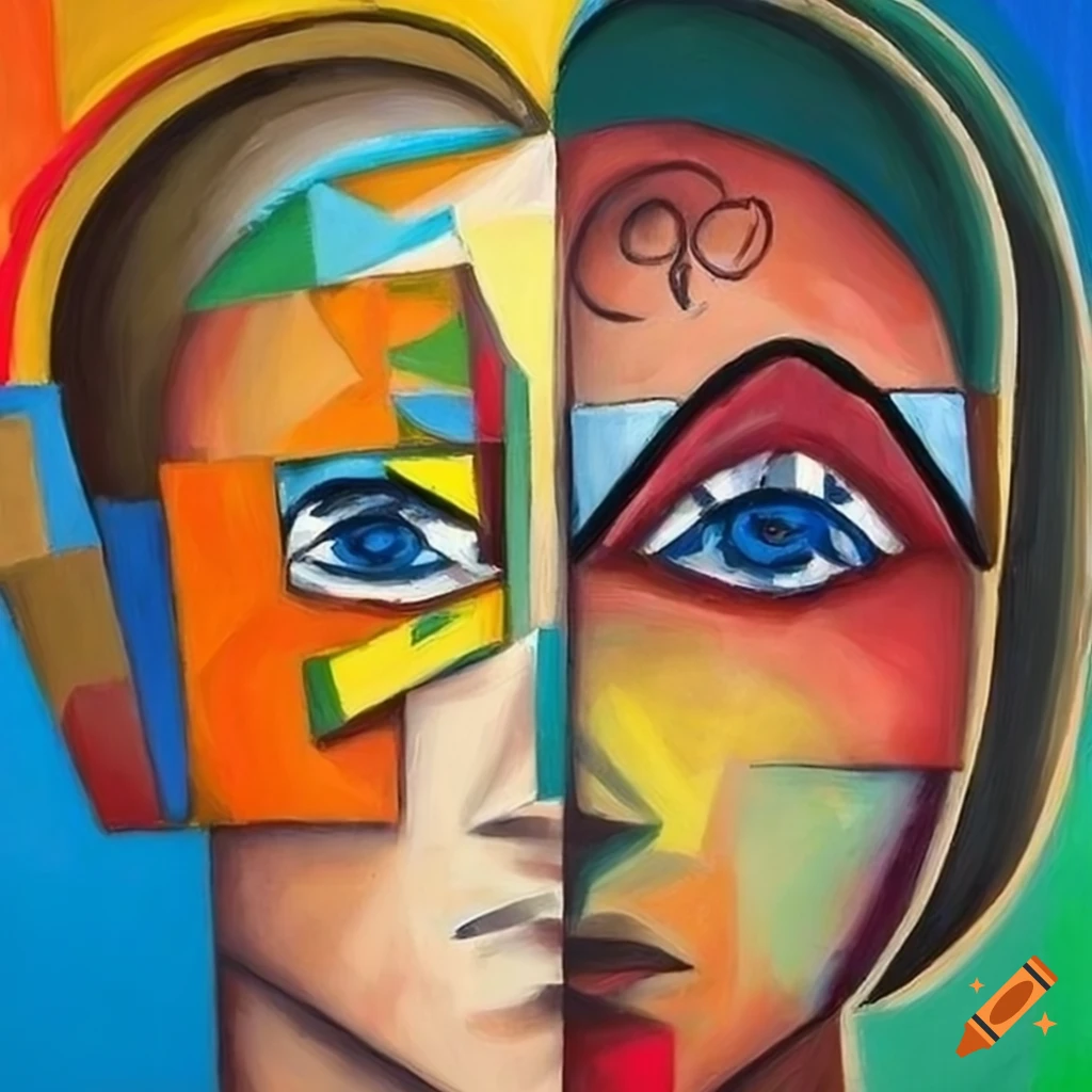 Cubist painting of a couple with distinct shapes on their forehead
