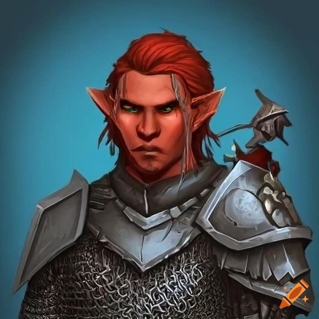 A young adult redskinned hobgoblin male paladin wearing chainmail and