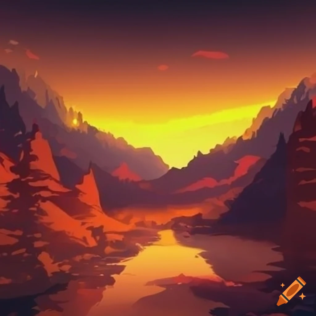 Dark yellow orange anime scenery wallpaper landscape on Craiyon