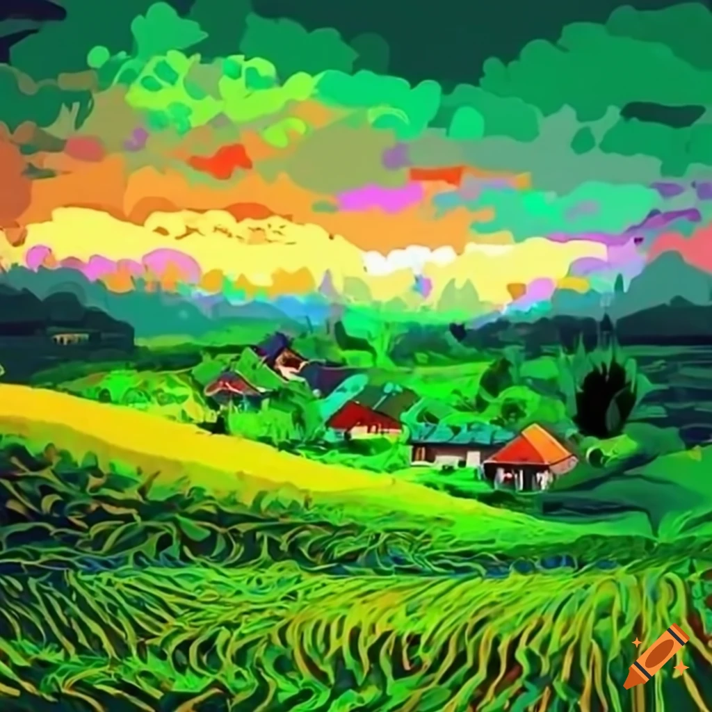 A small village nestled amongst lush green fields on Craiyon