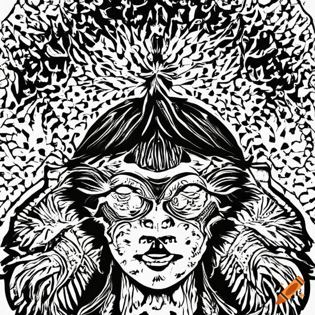 A mystical one-eyed figure in black and white woodcut style on Craiyon