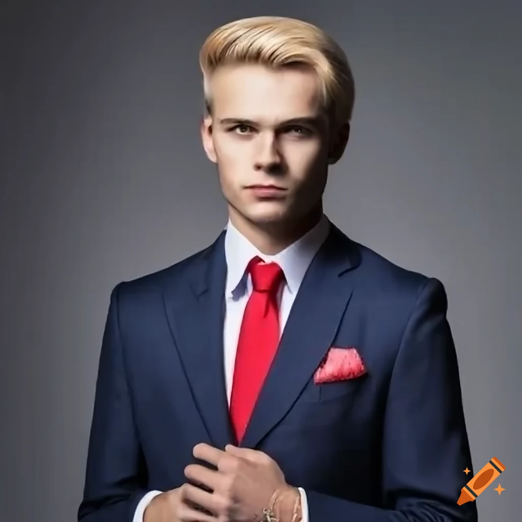 A man who sports a red tie, dark navy suit and light blond hair looking at  the camera on Craiyon