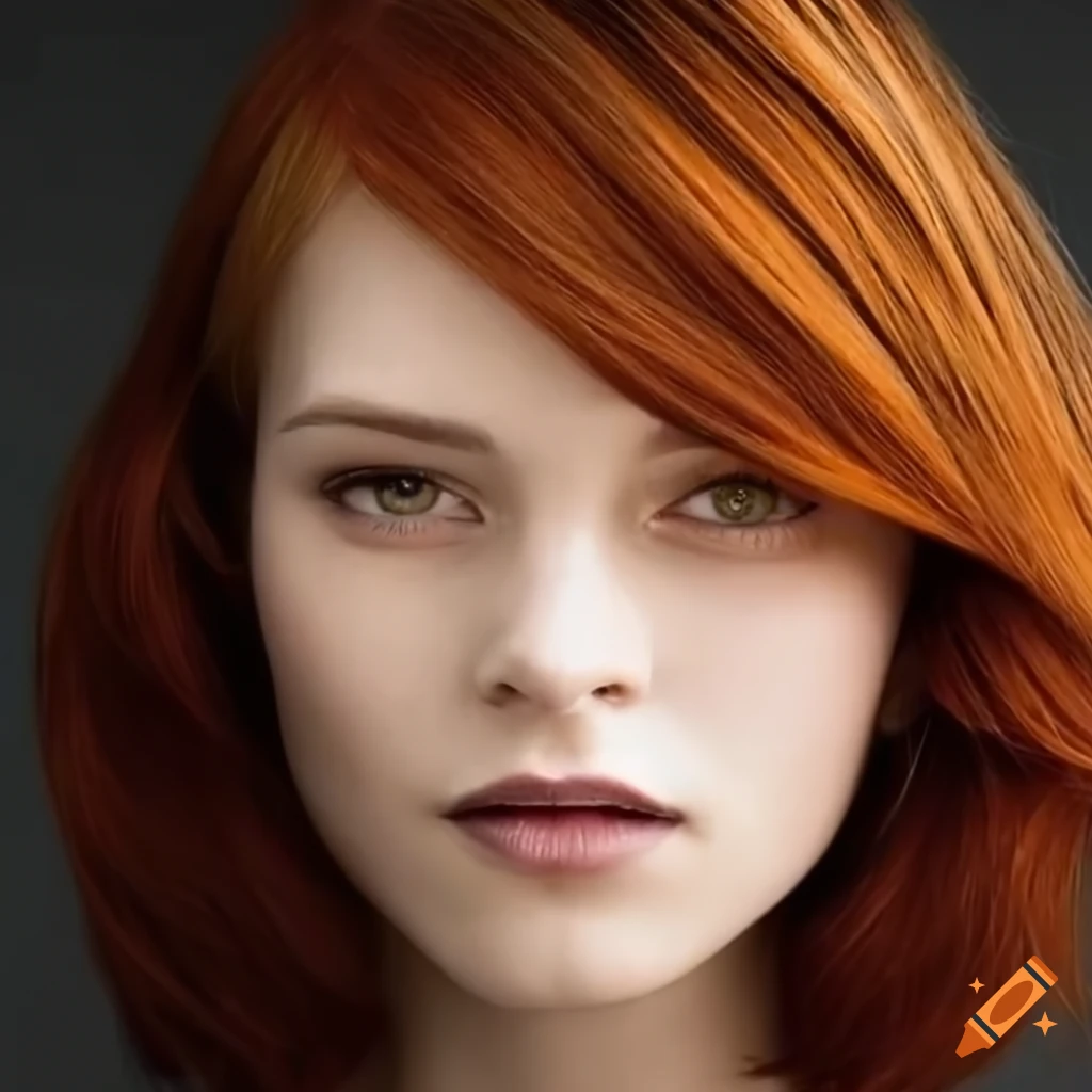 White woman with bronze colored short hair, golden eyes with an blue