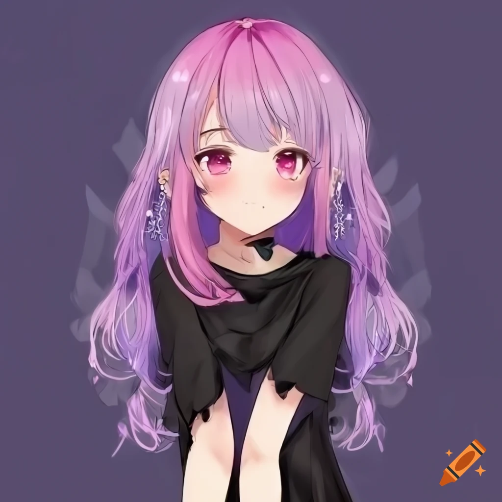 Anime girl with long lavender and blue hair in black jumper on Craiyon