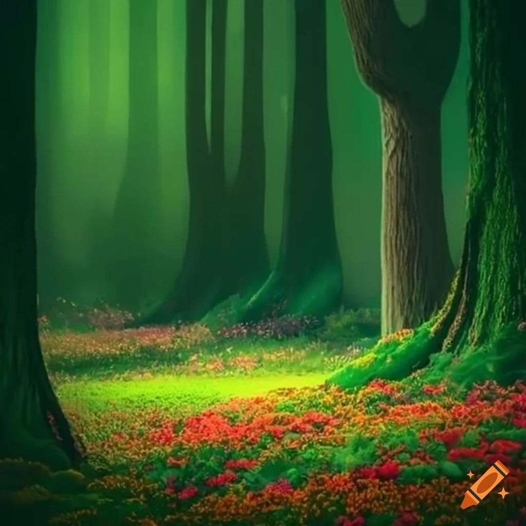 A magical forest with a lot of flowers and large trees, and little ...