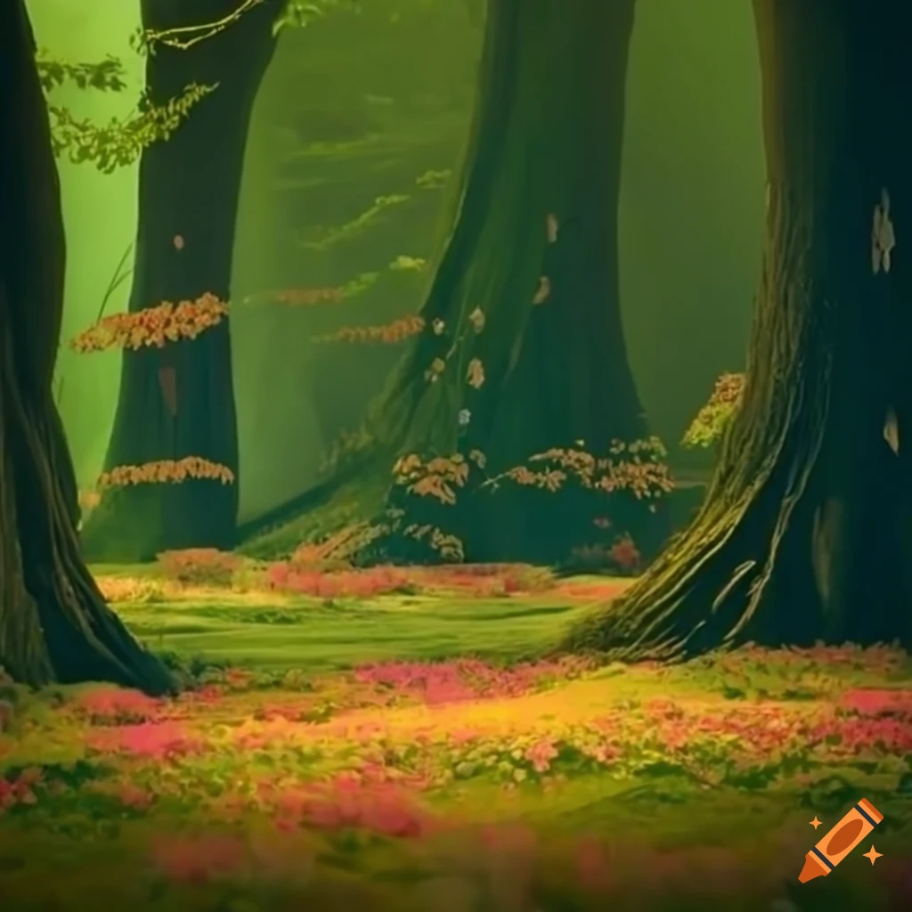A magical forest with a lot of flowers and large trees, and little light