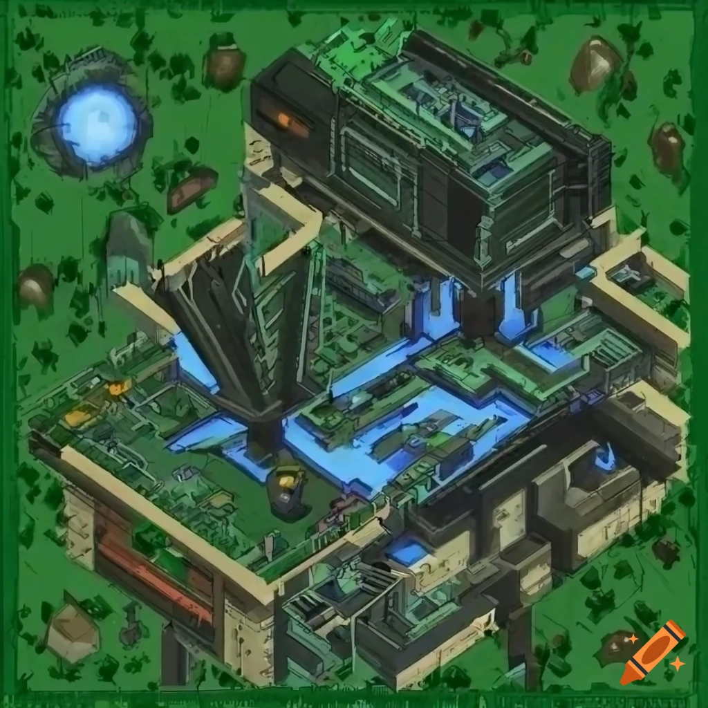 Philosophical sci-fi war-gaming map, isometric perspective