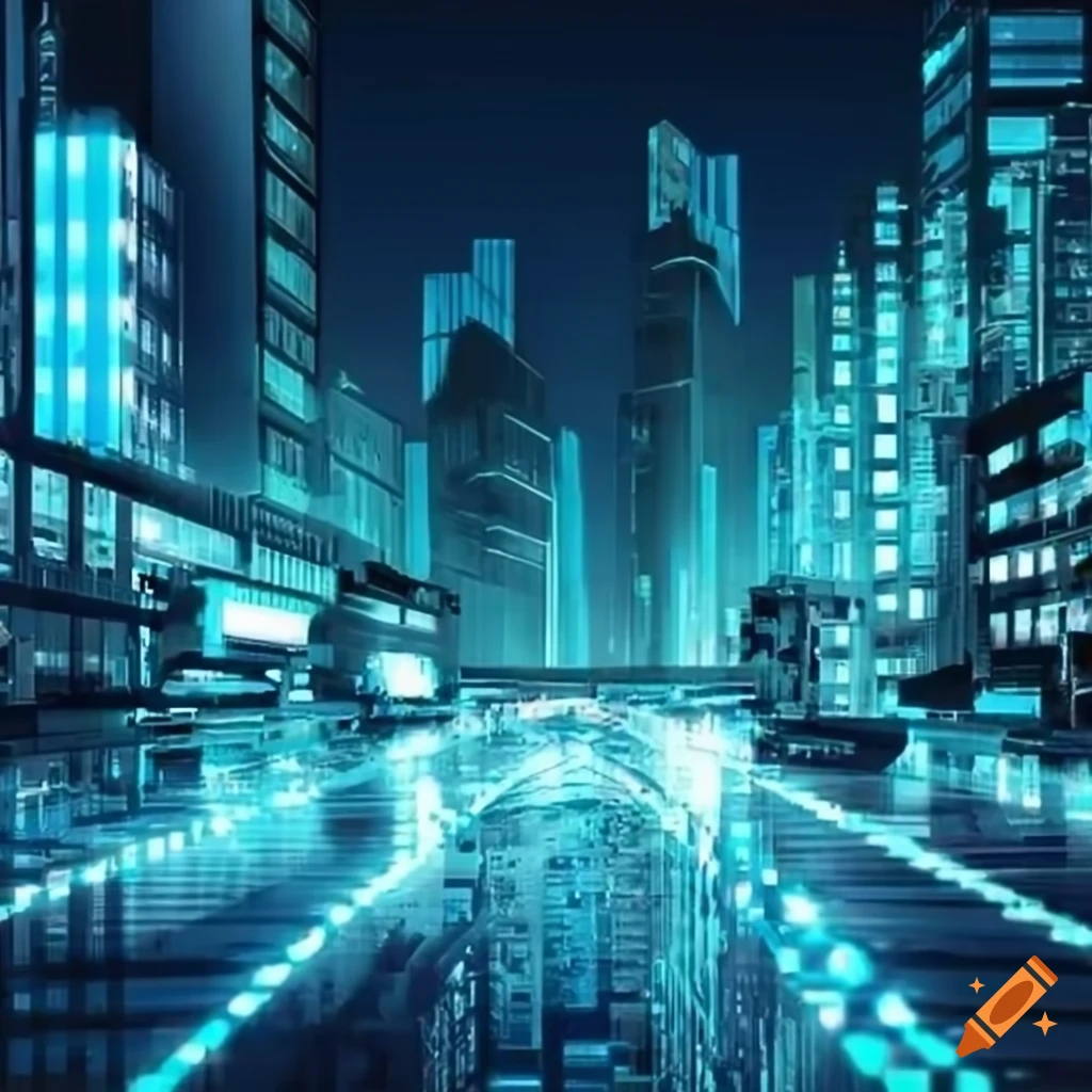 Concept art of a futuristic city skyline with colorful lights streets ...