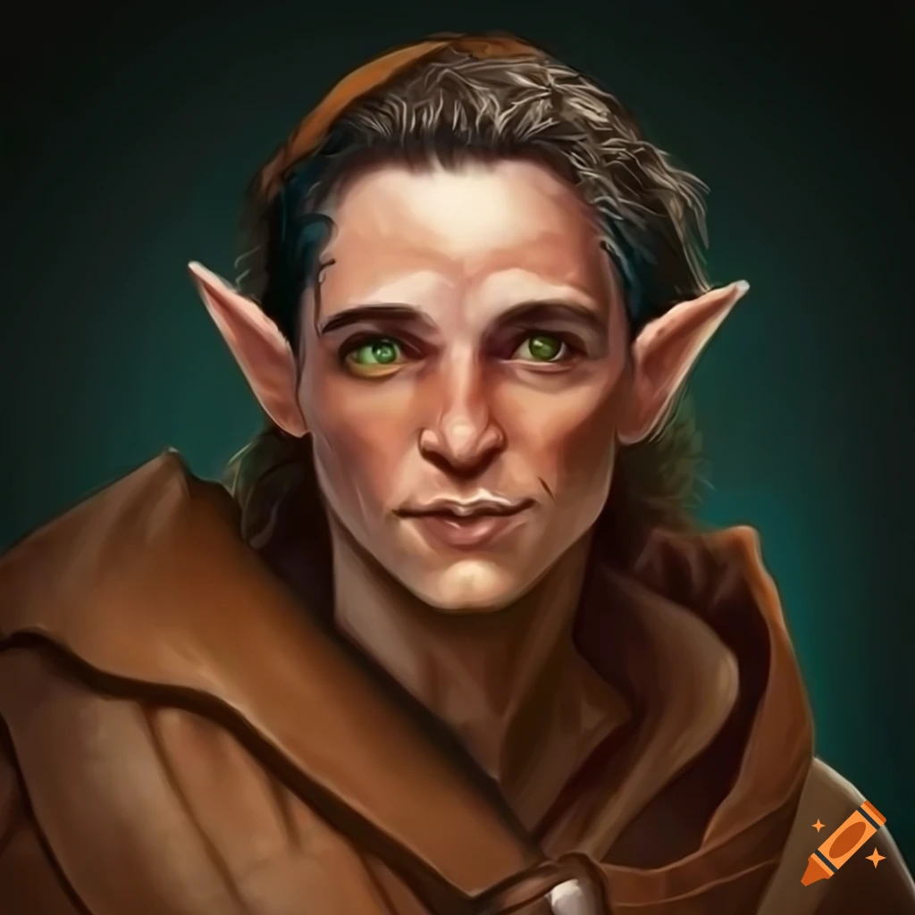 Older half elf man with black hair with stubble wearing brown leather