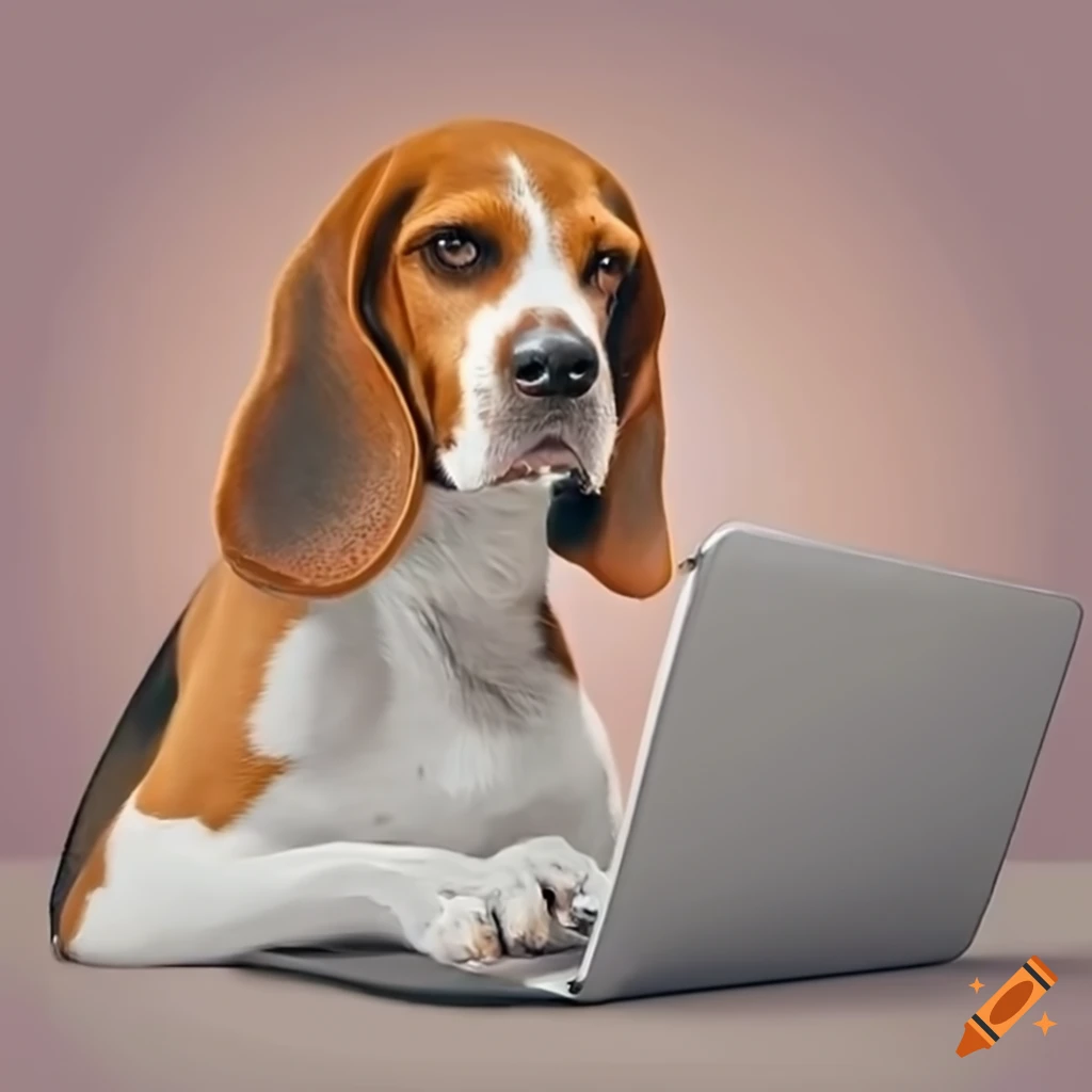Serious beagle typing on laptop