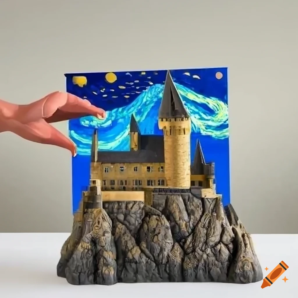 Hogwarts castle at starry night with dragon flying around it on Craiyon